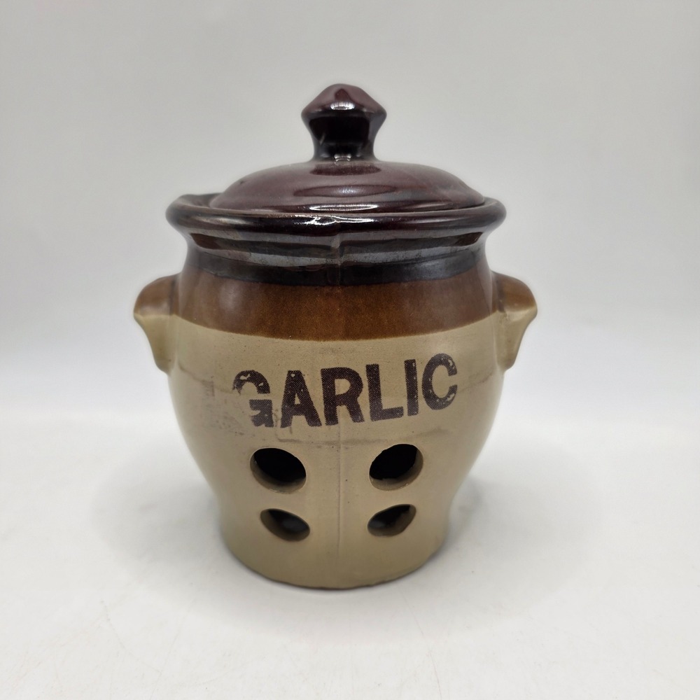 Stoneware Garlic Keeper Crock Brown Tan Two Tone Glazed Farmhouse Kitchen